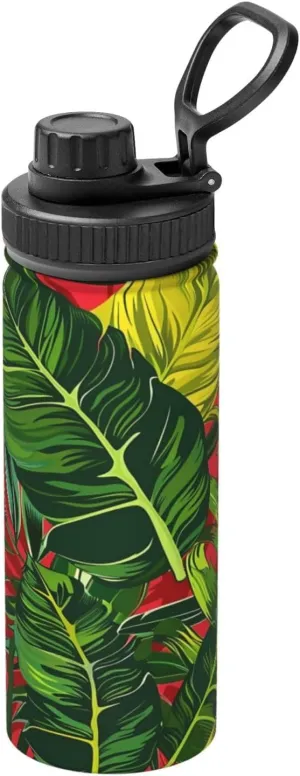 Colorful Palm Leaves 18oz Vacuum Insulated Water Bottle with Spout Lid and Handle, Tropical Stainless Steel Thermal Water Jug, Leakproof Flask for Gym Hiking Travel Office