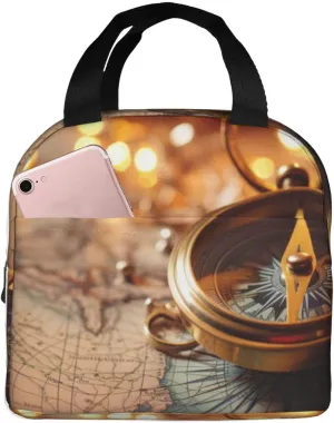 Compass Map Nautical print Lunch Bag, Food Handbags Case, Leakproof Insulated, for Work/Picnic/Beach/Travel