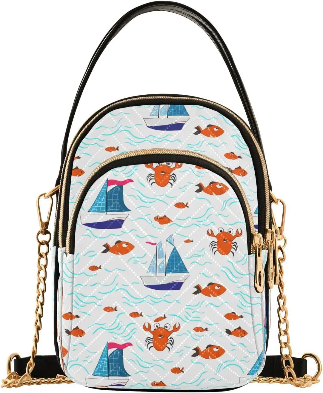 Crab Fish Sailboat White Multi Pockets Crossbody Bags for Women Zip Cell Phone Purse Wallet Bag with Detachable Shoulder Strap Travel Purse for Shopping Traveling Working Women Girls Trendy Gift