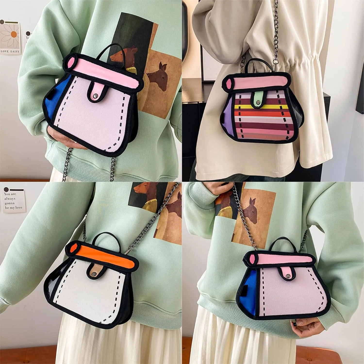 Creative 2D Cartoon Crossbody Bag for Women and Men with Unique Canvas Designs and Chain Strap Stylish Shoulder Bag
