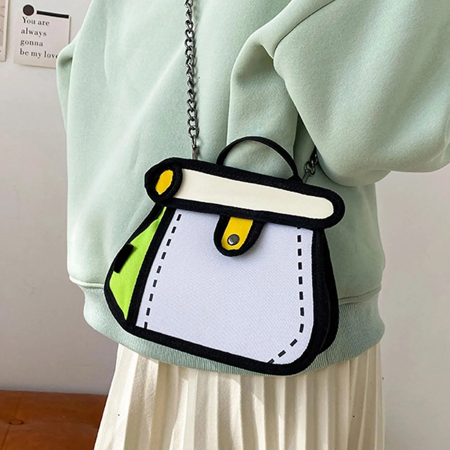 Creative 2D Cartoon Crossbody Bag for Women and Men with Unique Canvas Designs and Chain Strap Stylish Shoulder Bag