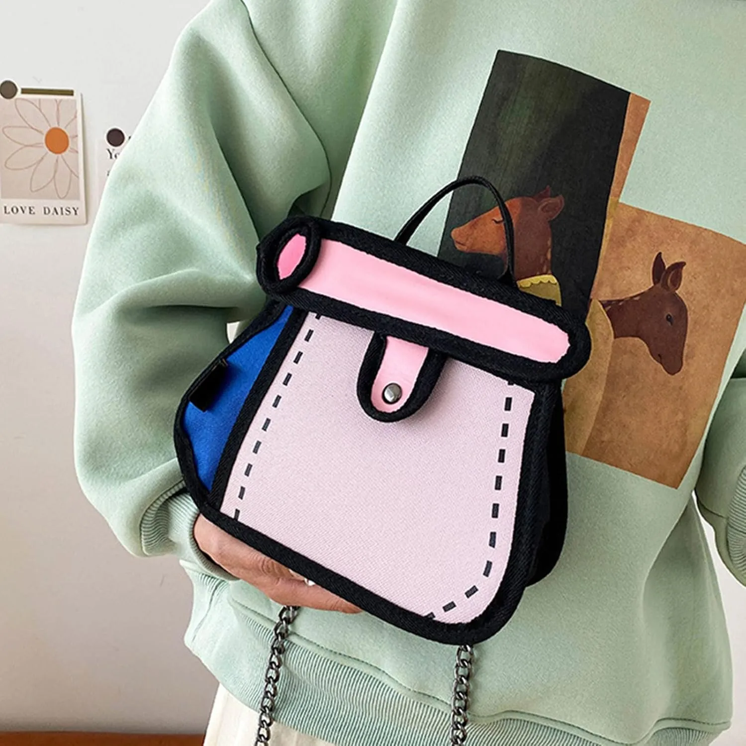 Creative 2D Cartoon Crossbody Bag for Women and Men with Unique Canvas Designs and Chain Strap Stylish Shoulder Bag