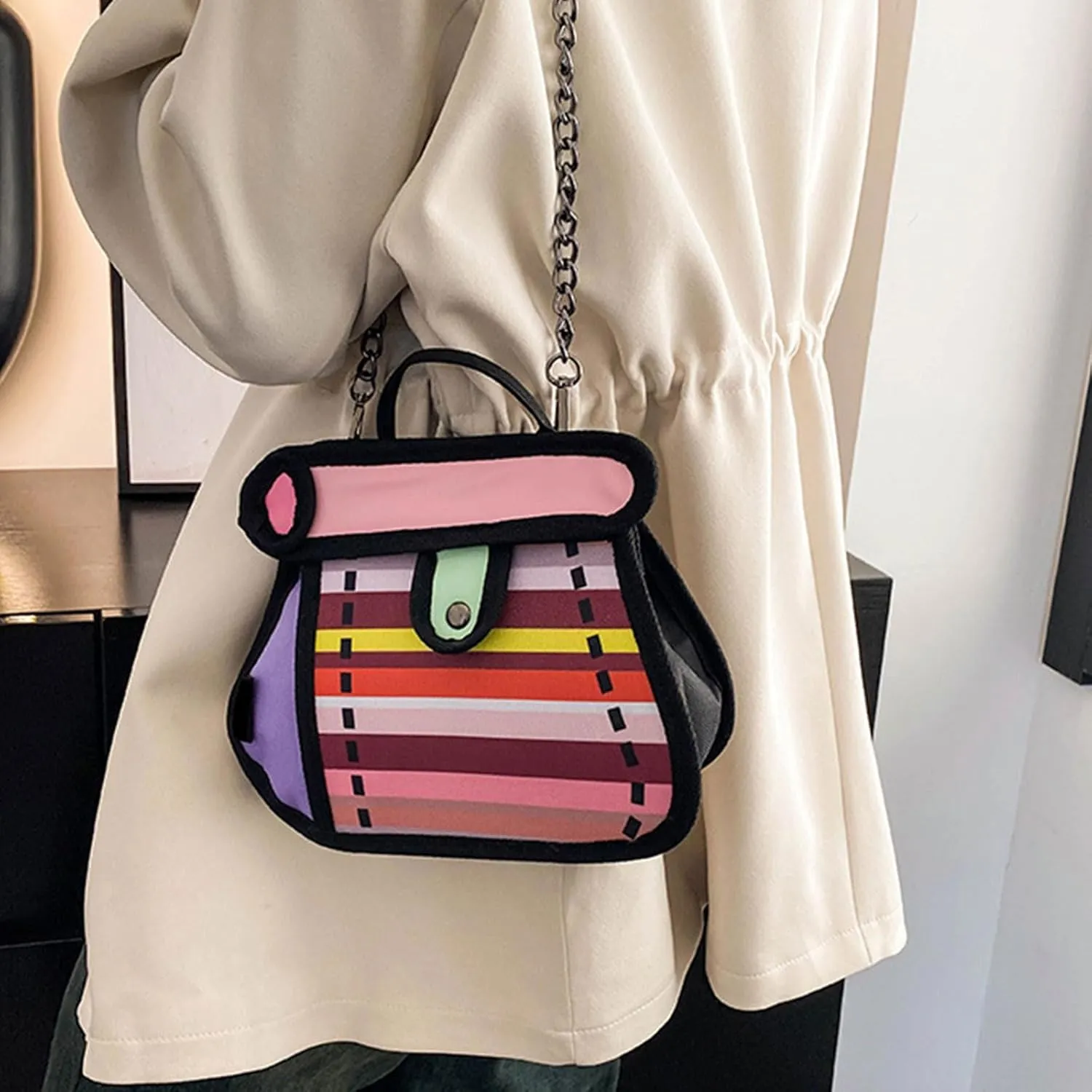 Creative 2D Cartoon Crossbody Bag for Women and Men with Unique Canvas Designs and Chain Strap Stylish Shoulder Bag
