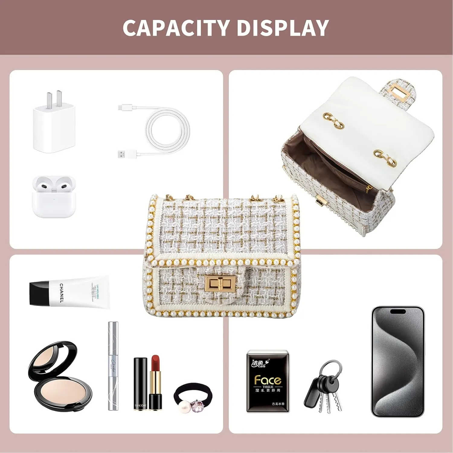 Crossbody Bag Clutch for Women Small Handbag Vintage Tweed Pearl Chain Purse Evening Satchel Shoulder Bag Cross body