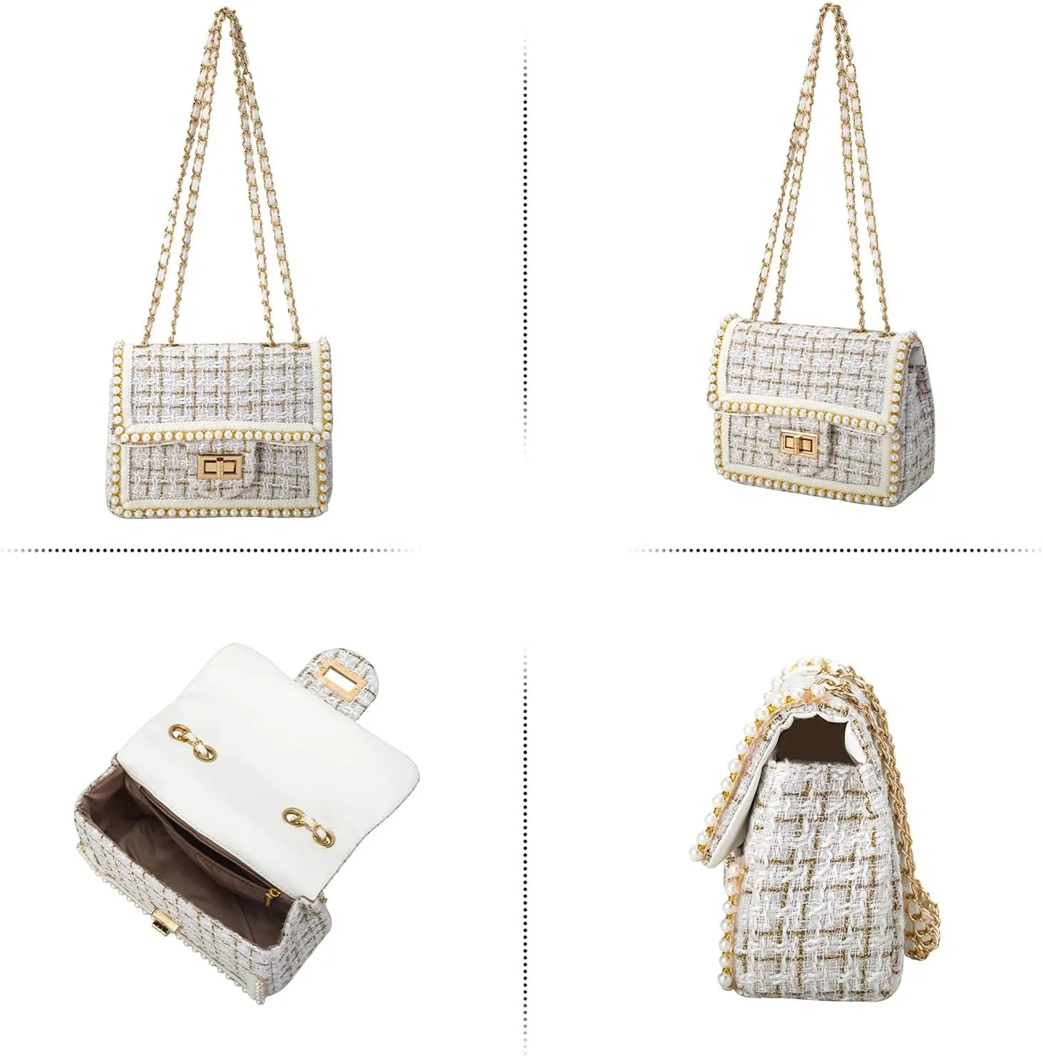 Crossbody Bag Clutch for Women Small Handbag Vintage Tweed Pearl Chain Purse Evening Satchel Shoulder Bag Cross body