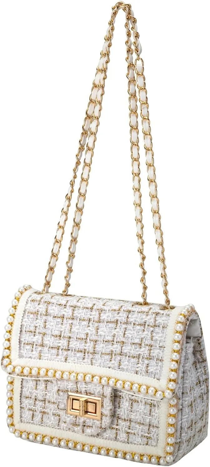 Crossbody Bag Clutch for Women Small Handbag Vintage Tweed Pearl Chain Purse Evening Satchel Shoulder Bag Cross body
