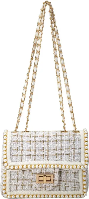 Crossbody Bag Clutch for Women Small Handbag Vintage Tweed Pearl Chain Purse Evening Satchel Shoulder Bag Cross body