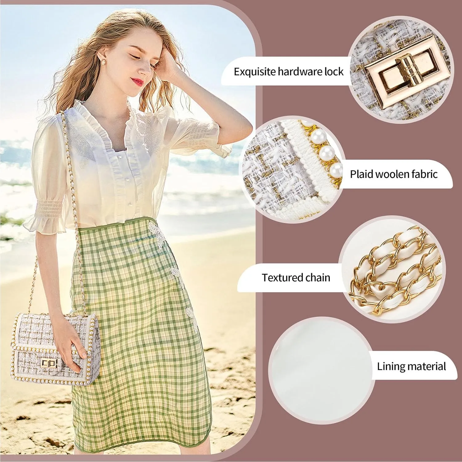 Crossbody Bag Clutch for Women Small Handbag Vintage Tweed Pearl Chain Purse Evening Satchel Shoulder Bag Cross body