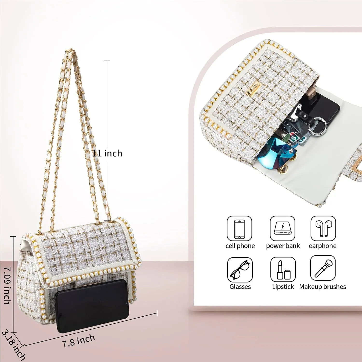 Crossbody Bag Clutch for Women Small Handbag Vintage Tweed Pearl Chain Purse Evening Satchel Shoulder Bag Cross body