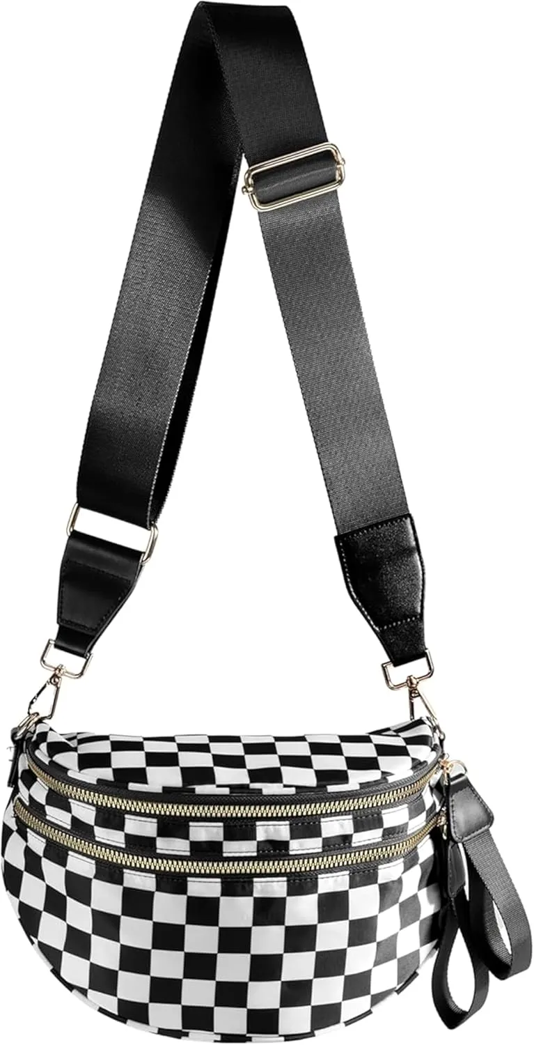 Crossbody Bags for Women, Black and White Checkered Fashion Cell Phone Cross Body Purses, Nylon Handbags Wallets Fanny Pack Shoulder Bag