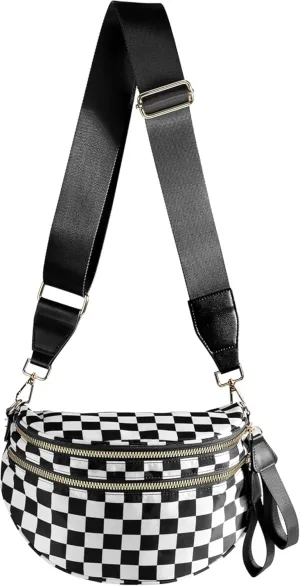Crossbody Bags for Women, Black and White Checkered Fashion Cell Phone Cross Body Purses, Nylon Handbags Wallets Fanny Pack Shoulder Bag