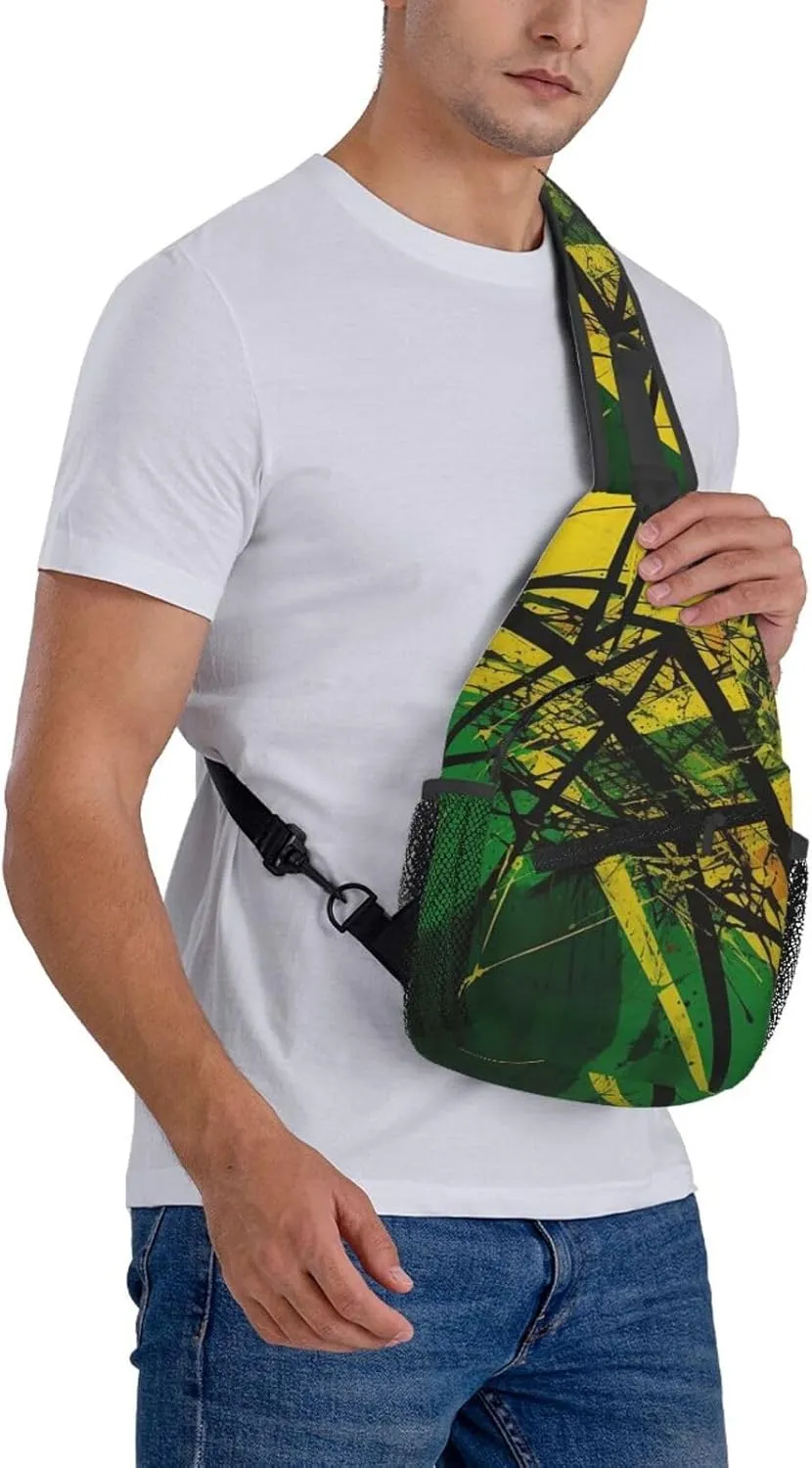 Crossbody Sling Backpack Sling Bag For Men Women Cross Chest Bag Shoulder Bag Green And Yellow Pattern Travel Hiking Daypack