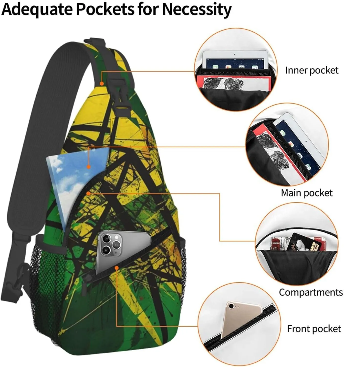 Crossbody Sling Backpack Sling Bag For Men Women Cross Chest Bag Shoulder Bag Green And Yellow Pattern Travel Hiking Daypack