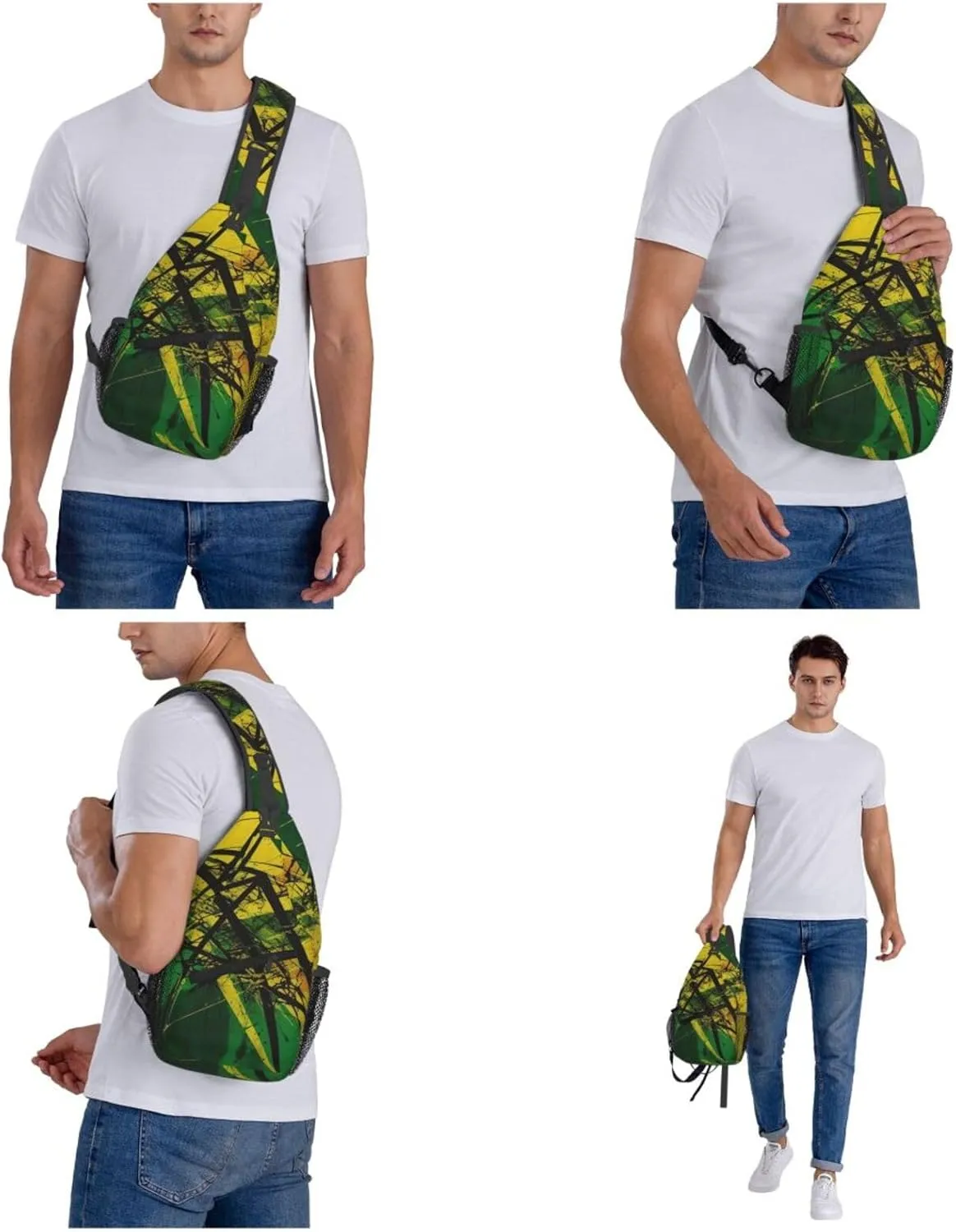 Crossbody Sling Backpack Sling Bag For Men Women Cross Chest Bag Shoulder Bag Green And Yellow Pattern Travel Hiking Daypack