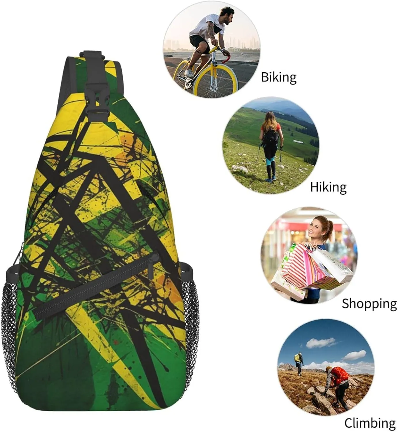 Crossbody Sling Backpack Sling Bag For Men Women Cross Chest Bag Shoulder Bag Green And Yellow Pattern Travel Hiking Daypack