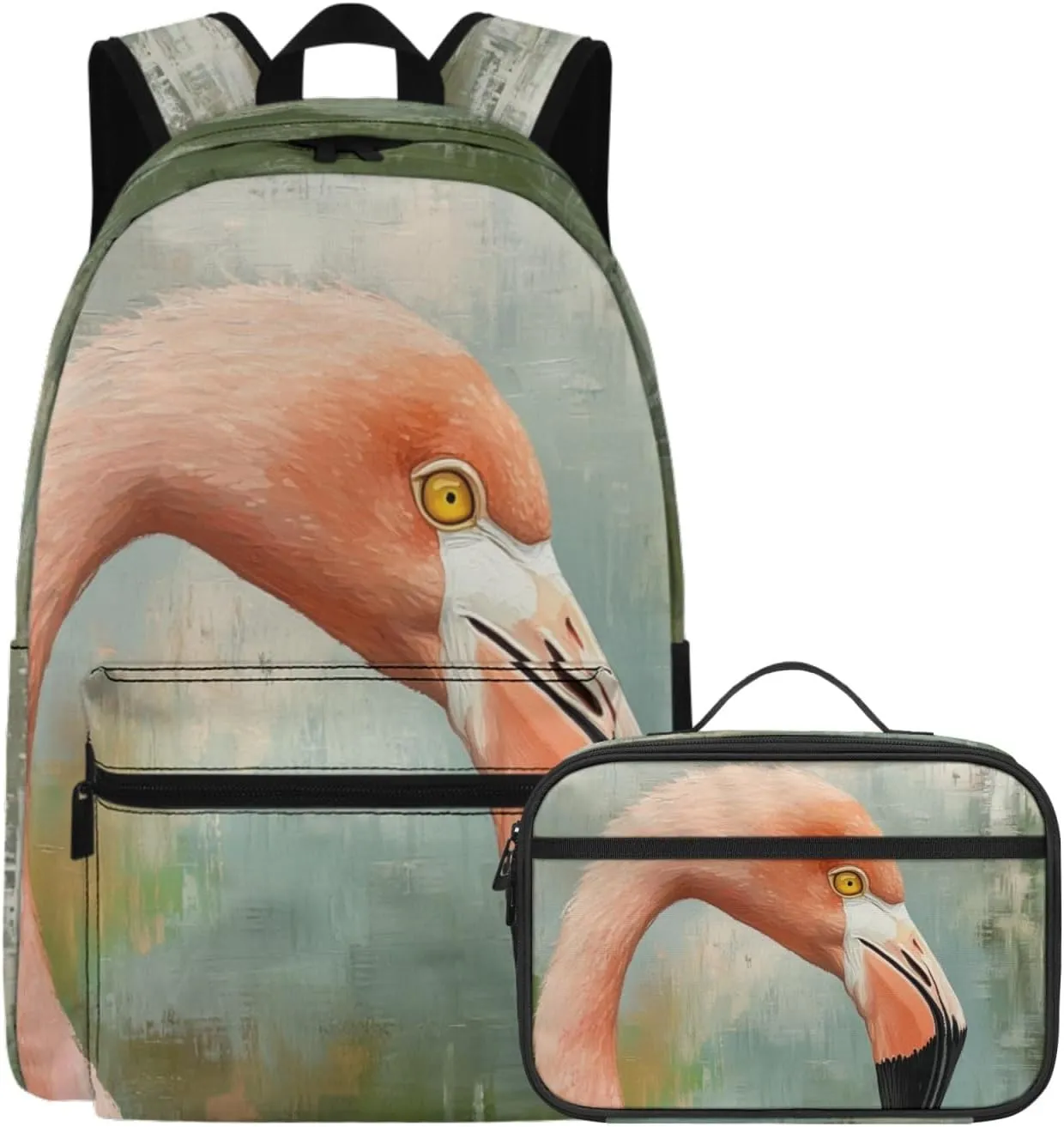 Cumagical Flamingo Greenish Gray Print Kids Bookbag & Thermal Meal Set Front Zipper Pocket for Toddlers