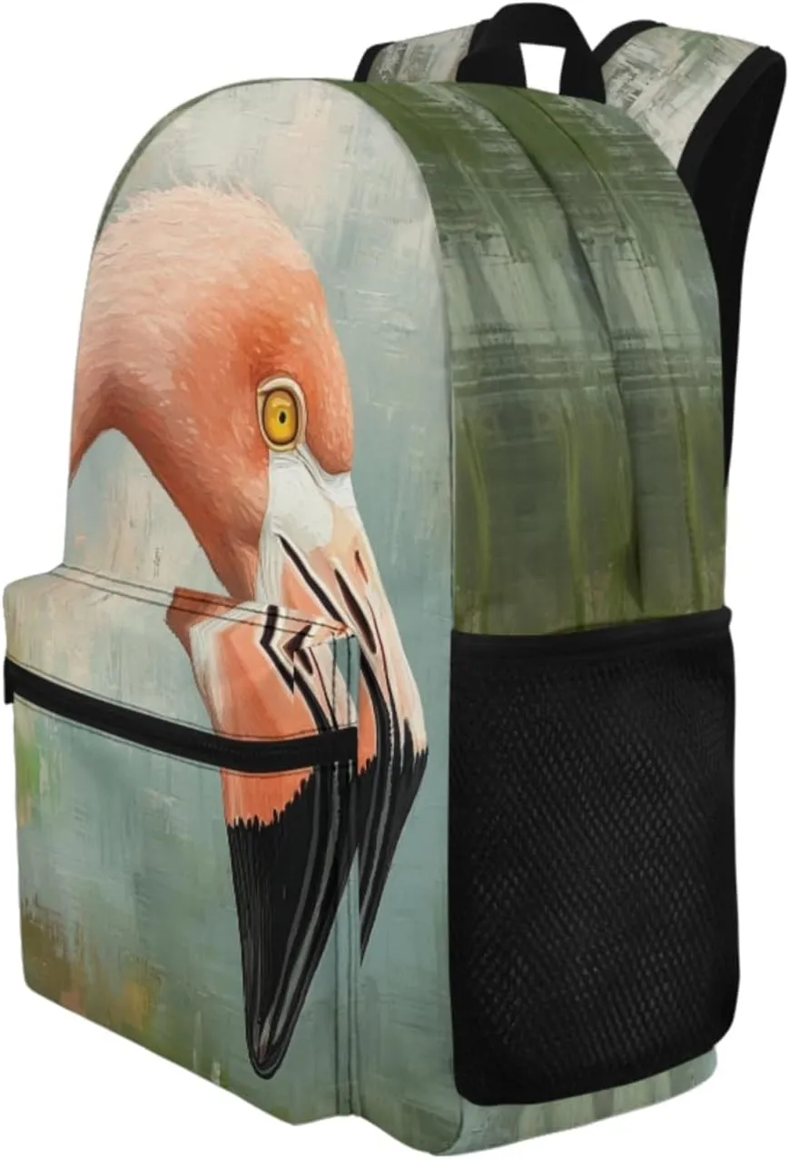 Cumagical Flamingo Greenish Gray Print Kids Bookbag & Thermal Meal Set Front Zipper Pocket for Toddlers