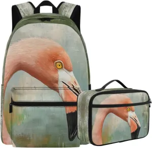 Cumagical Flamingo Greenish Gray Print Kids Bookbag & Thermal Meal Set Front Zipper Pocket for Toddlers