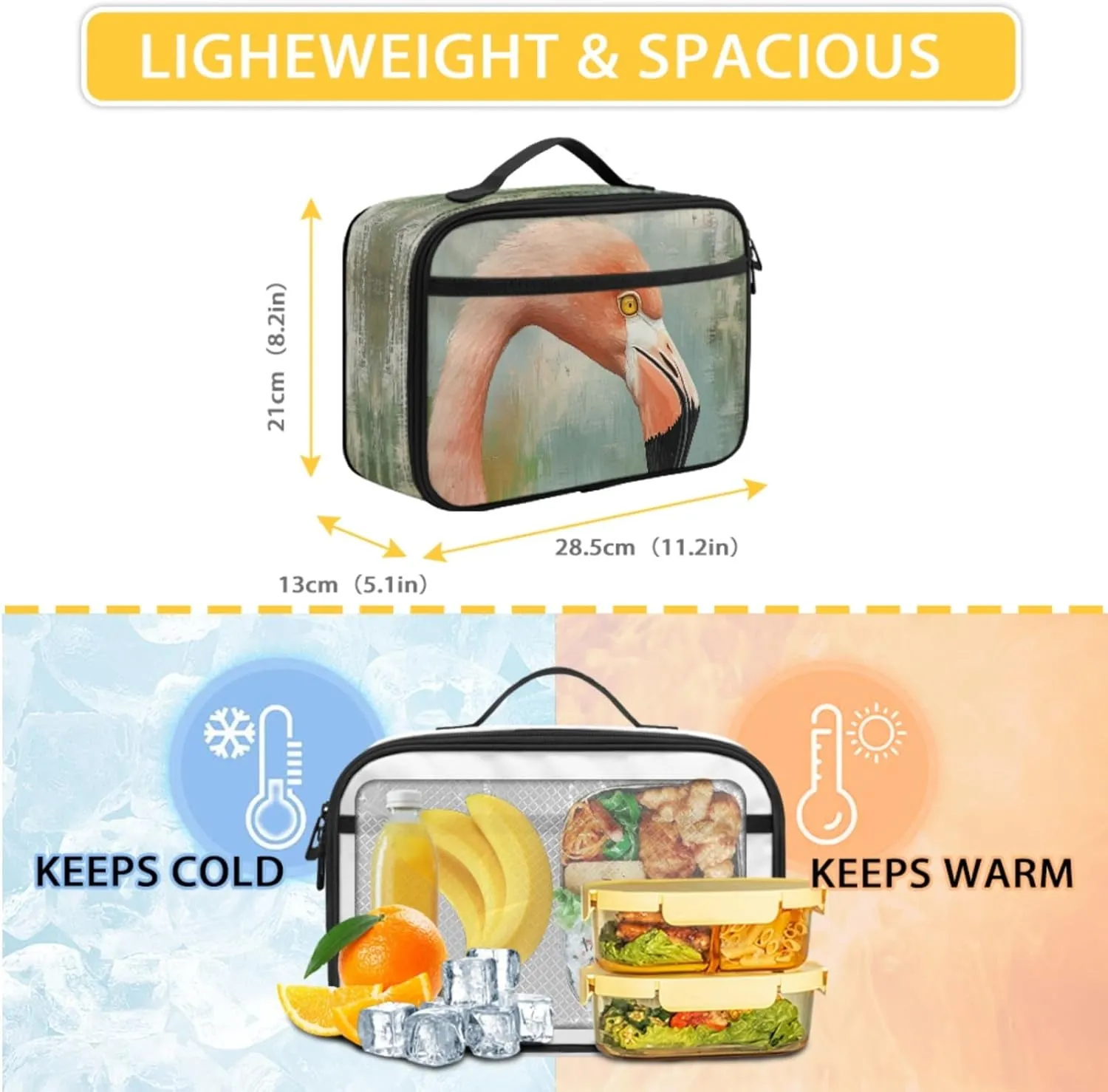 Cumagical Flamingo Greenish Gray Print Kids Bookbag & Thermal Meal Set Front Zipper Pocket for Toddlers