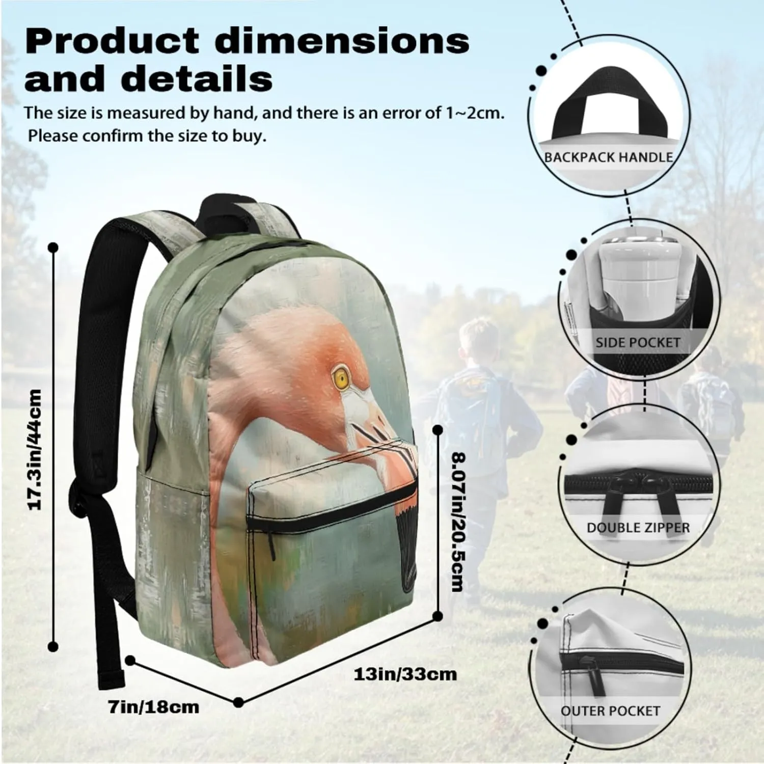 Cumagical Flamingo Greenish Gray Print Kids Bookbag & Thermal Meal Set Front Zipper Pocket for Toddlers