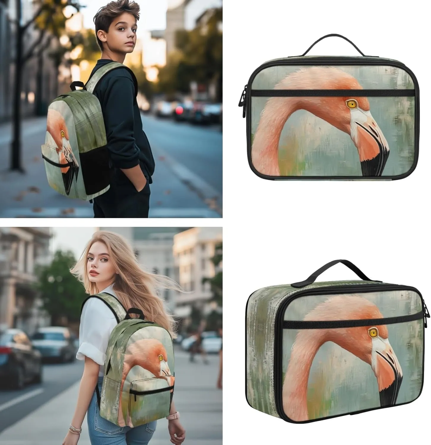 Cumagical Flamingo Greenish Gray Print Kids Bookbag & Thermal Meal Set Front Zipper Pocket for Toddlers