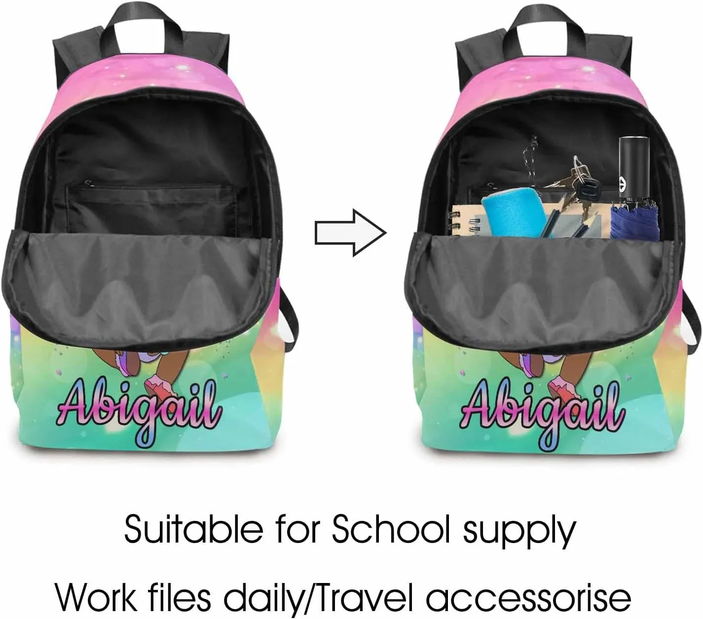 Custom Backpack and Lunch Box for Girls, Customized Rainbow Glitter Bookbag Lunch Bag Personalized Name Schoolbag School Backpack for Daughter Granddaughter