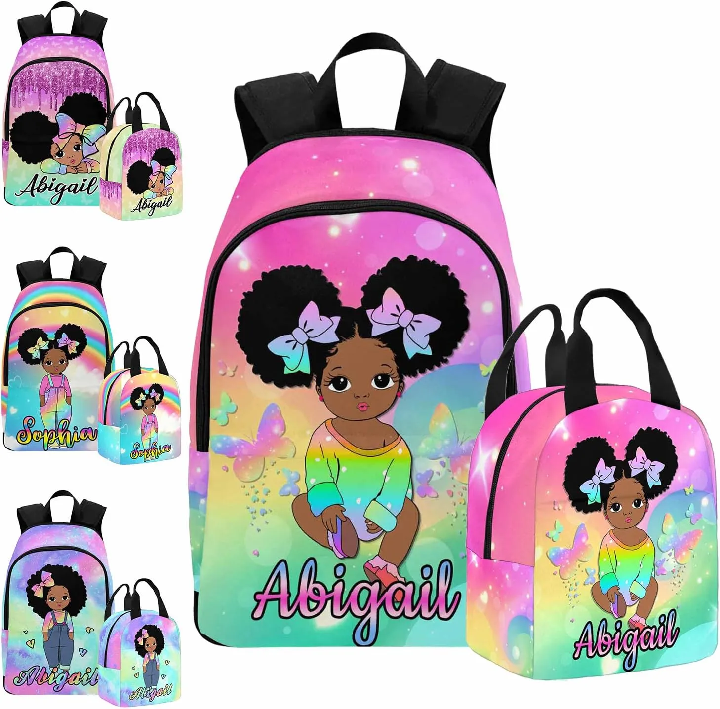 Custom Backpack and Lunch Box for Girls, Customized Rainbow Glitter Bookbag Lunch Bag Personalized Name Schoolbag School Backpack for Daughter Granddaughter
