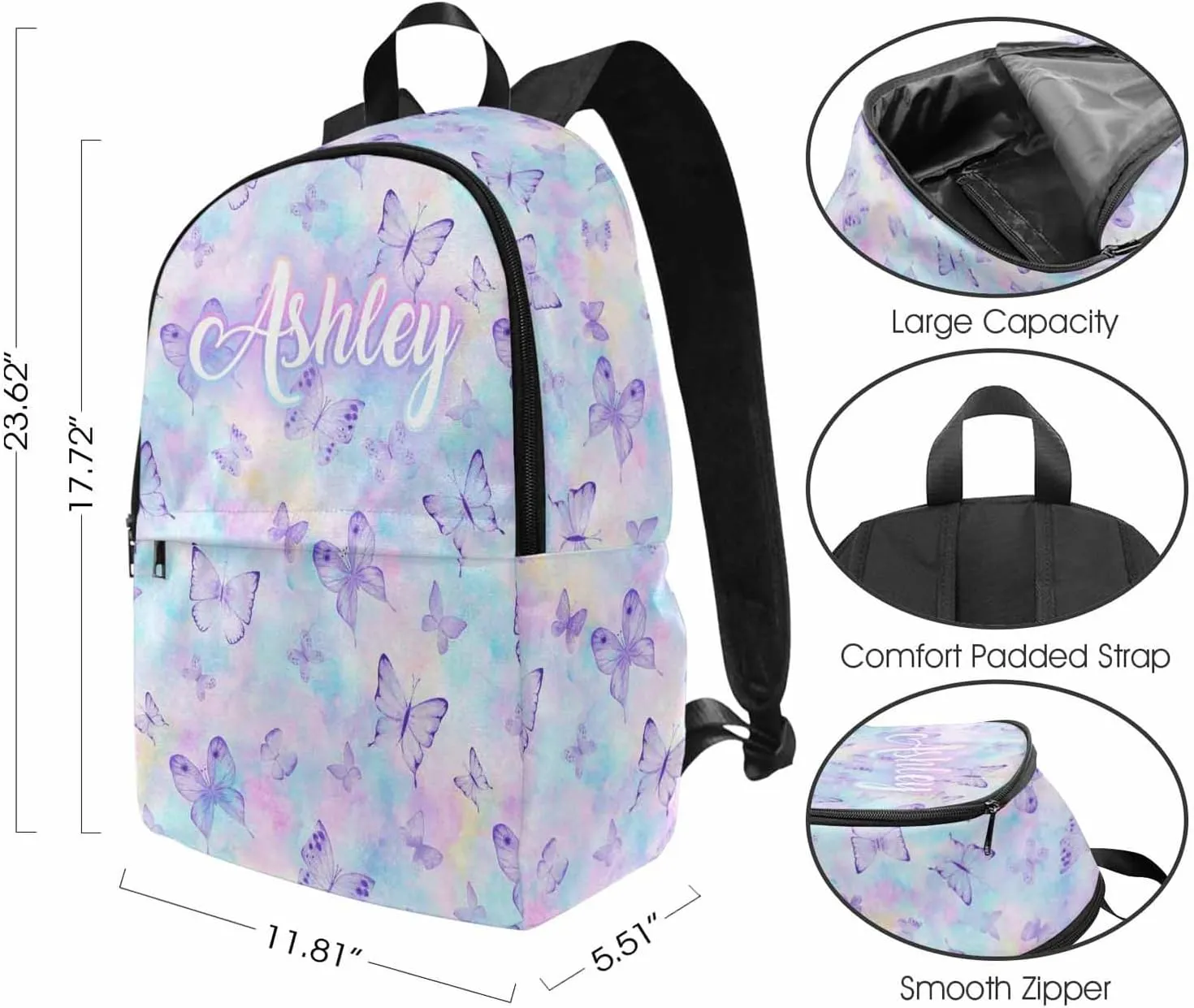 Custom Backpack Lunch Bag Set from Mom, Customized Colorful Butterfly Bookbag Lunch Box with Name Personalized Shoulder Bag Daypack for Girls Daughter