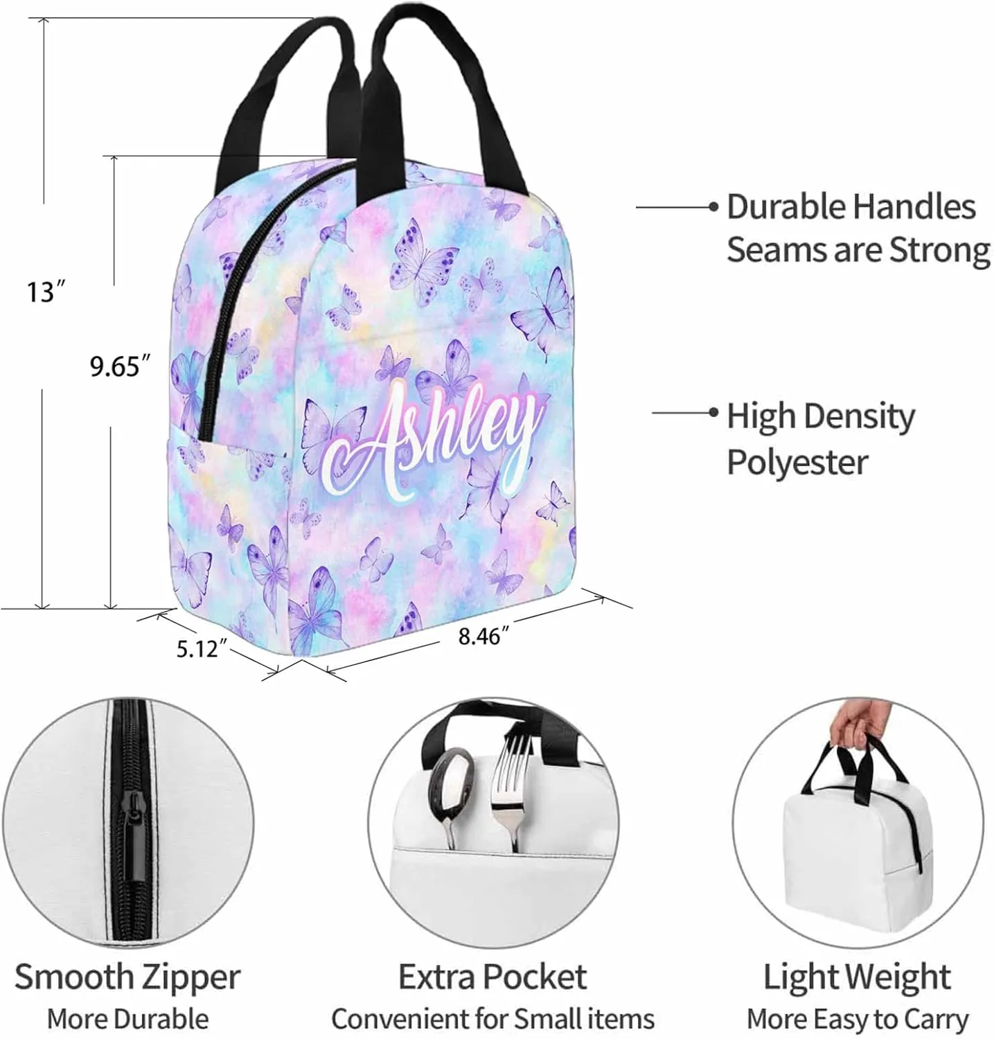 Custom Backpack Lunch Bag Set from Mom, Customized Colorful Butterfly Bookbag Lunch Box with Name Personalized Shoulder Bag Daypack for Girls Daughter