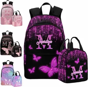 Custom Backpack Lunch Bag Set from Mom, Customized Colorful Butterfly Bookbag Lunch Box with Name Personalized Shoulder Bag Daypack for Girls Daughter
