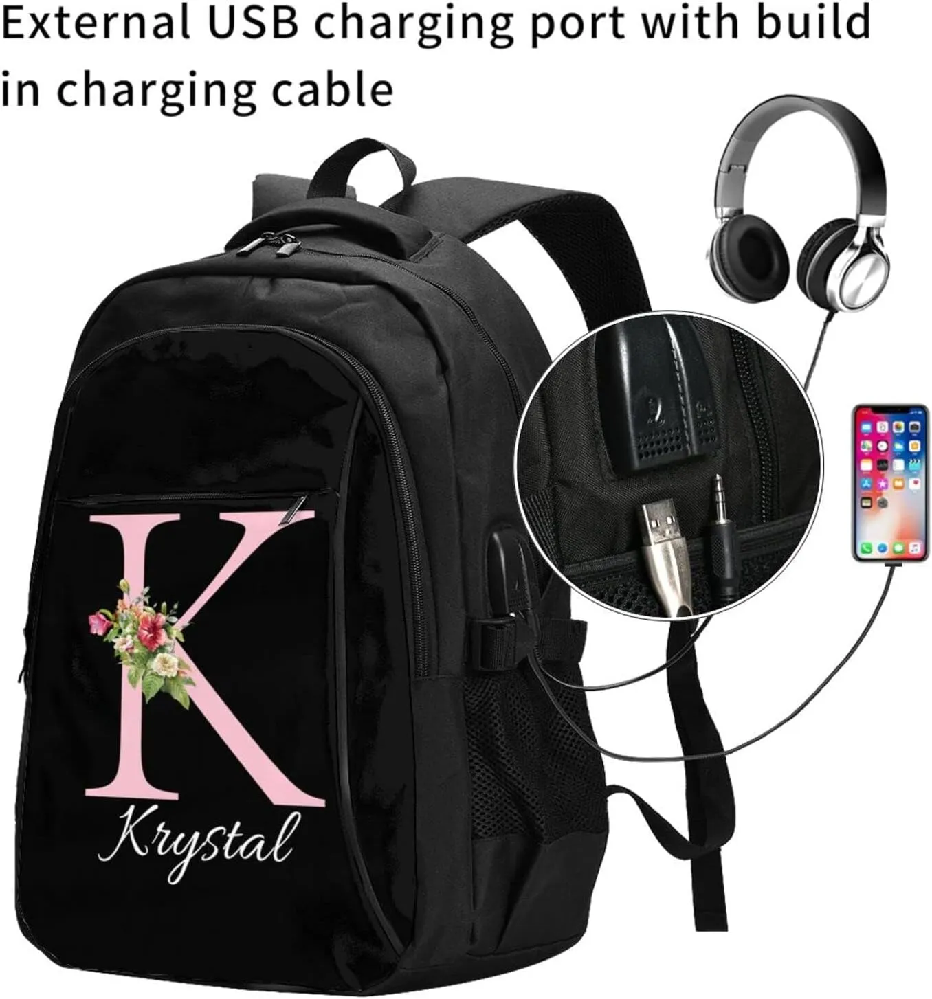 Custom Backpack Personalized Laptop Backpack for Women Men with Name Photo Customized Travel Computer Bookbag with USB Port