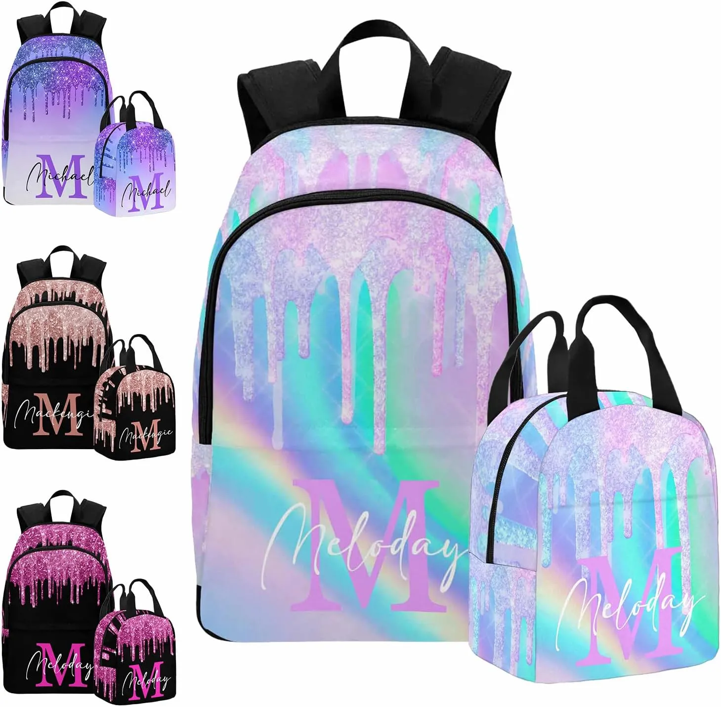 Custom Backpack with Lunch Box, Customized Dreamy Glitter Bookbag Lunch Bag Set with Name Personalized Shoulder Bag Daypack for Girls Daughter Niece