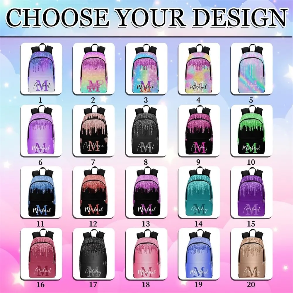 Custom Backpack with Lunch Box, Customized Dreamy Glitter Bookbag Lunch Bag Set with Name Personalized Shoulder Bag Daypack for Girls Daughter Niece