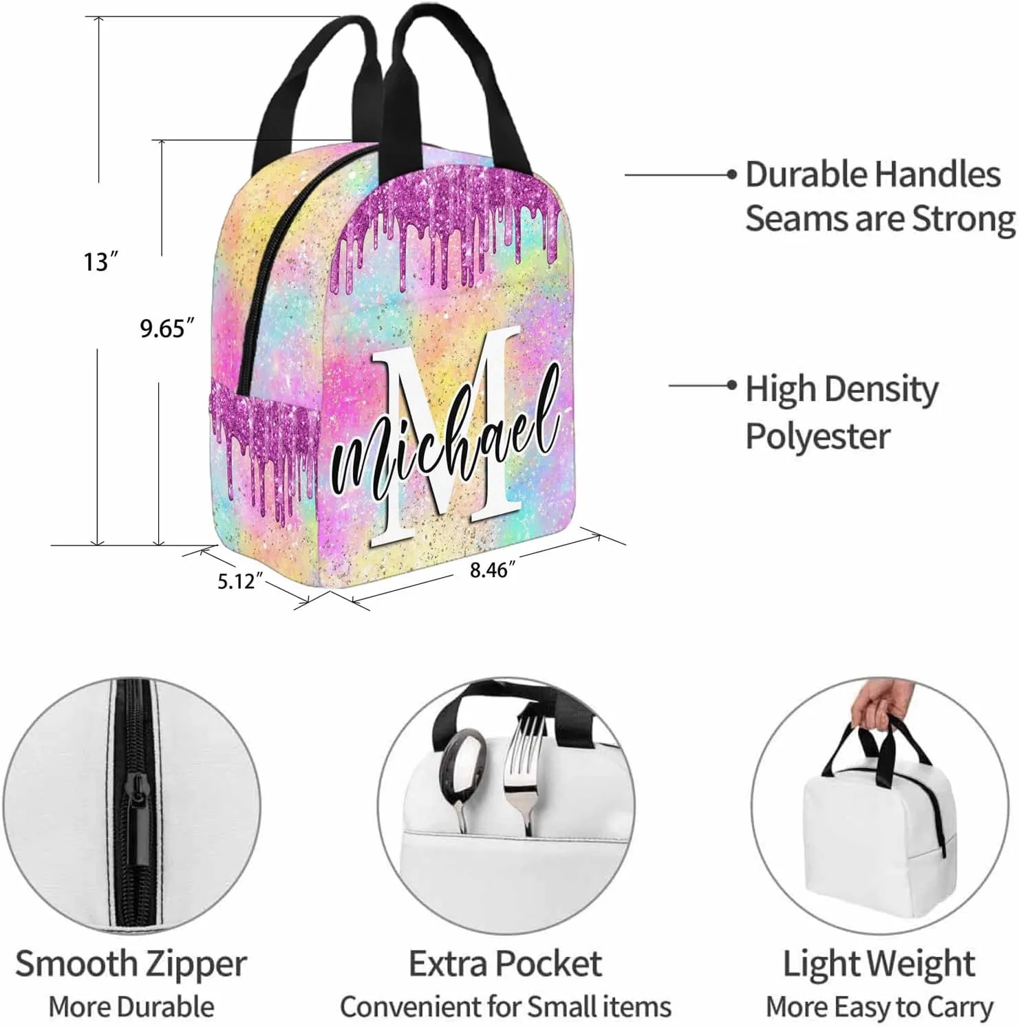 Custom Backpack with Lunch Box, Customized Dreamy Glitter Bookbag Lunch Bag Set with Name Personalized Shoulder Bag Daypack for Girls Daughter Niece