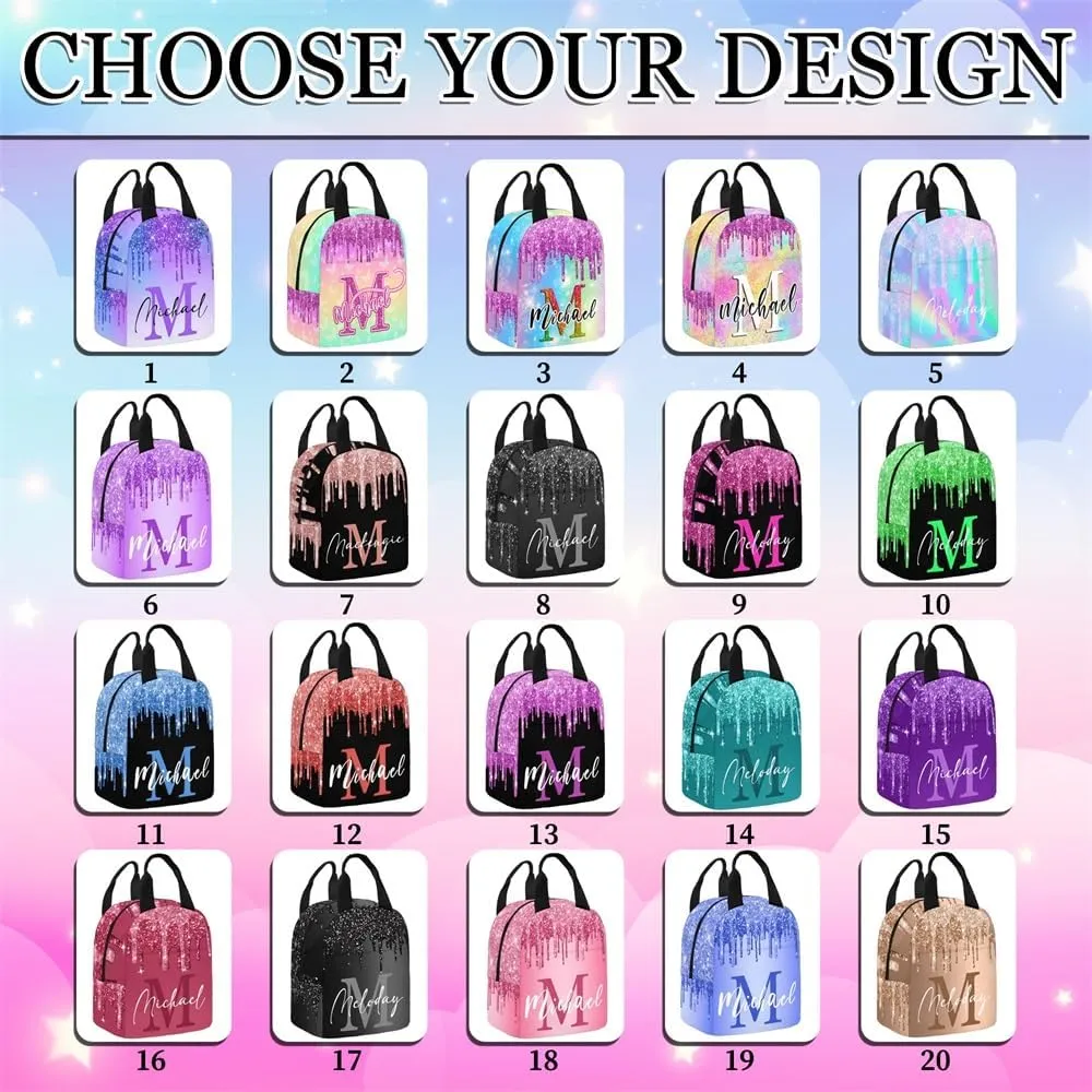 Custom Backpack with Lunch Box, Customized Dreamy Glitter Bookbag Lunch Bag Set with Name Personalized Shoulder Bag Daypack for Girls Daughter Niece