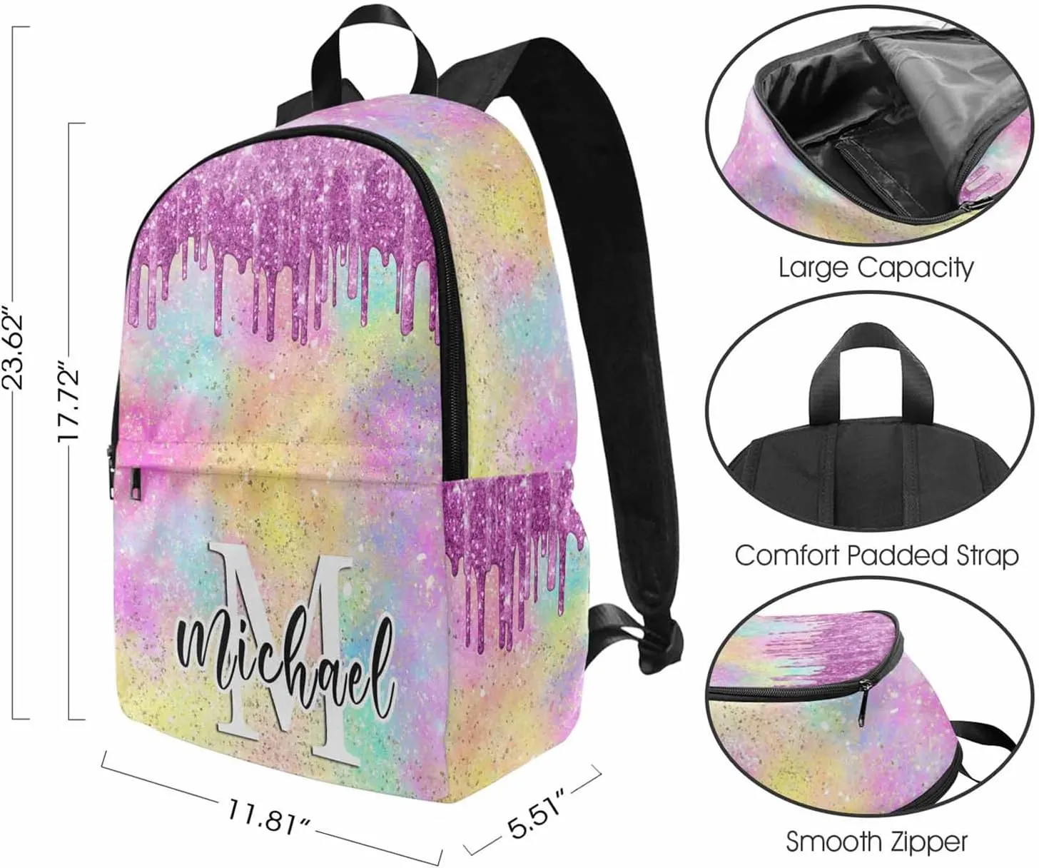 Custom Backpack with Lunch Box, Customized Dreamy Glitter Bookbag Lunch Bag Set with Name Personalized Shoulder Bag Daypack for Girls Daughter Niece