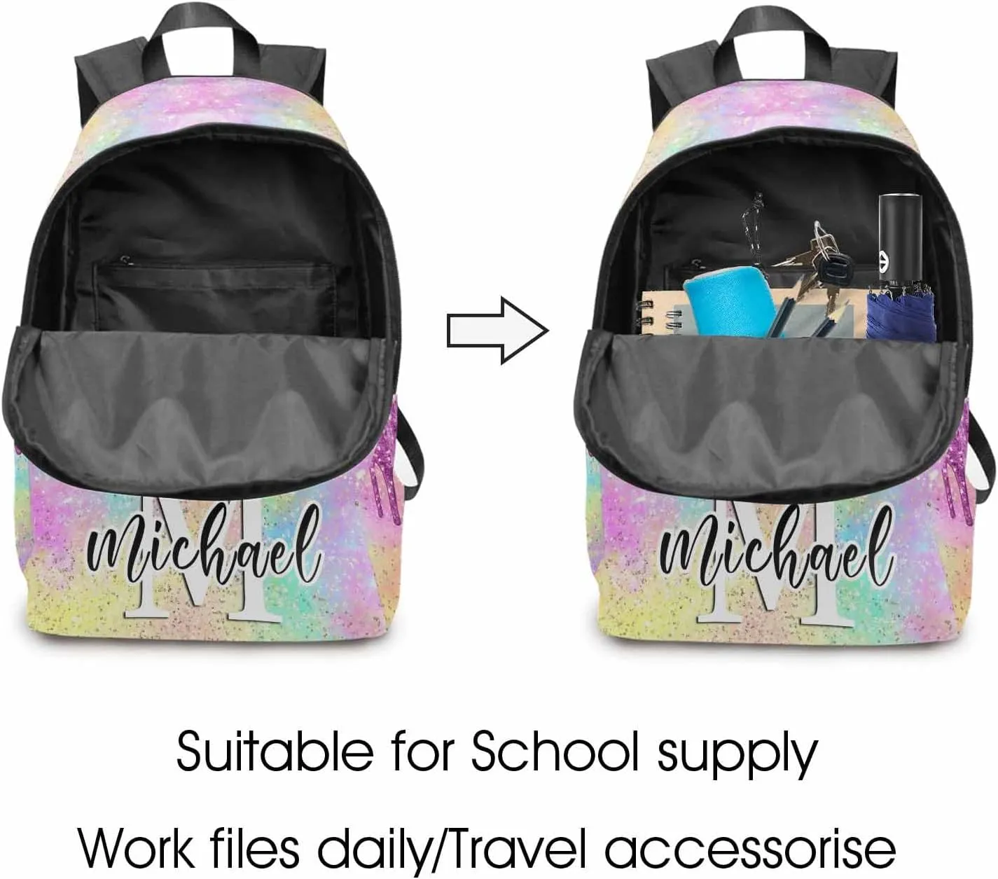 Custom Backpack with Lunch Box, Customized Dreamy Glitter Bookbag Lunch Bag Set with Name Personalized Shoulder Bag Daypack for Girls Daughter Niece