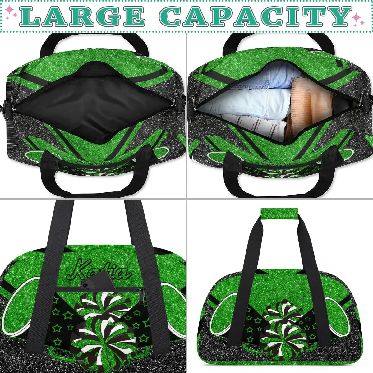 Custom Cheer Duffel Bag with Name Personalized Cheerleader Bag Sport Duffel Bag Customized Cheer Gifts Weekender Travel Bag, Green