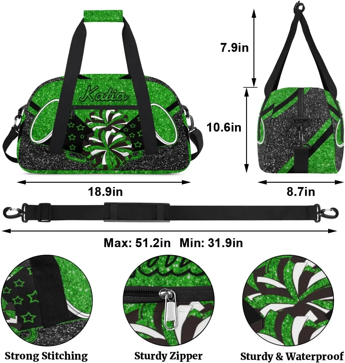 Custom Cheer Duffel Bag with Name Personalized Cheerleader Bag Sport Duffel Bag Customized Cheer Gifts Weekender Travel Bag, Green