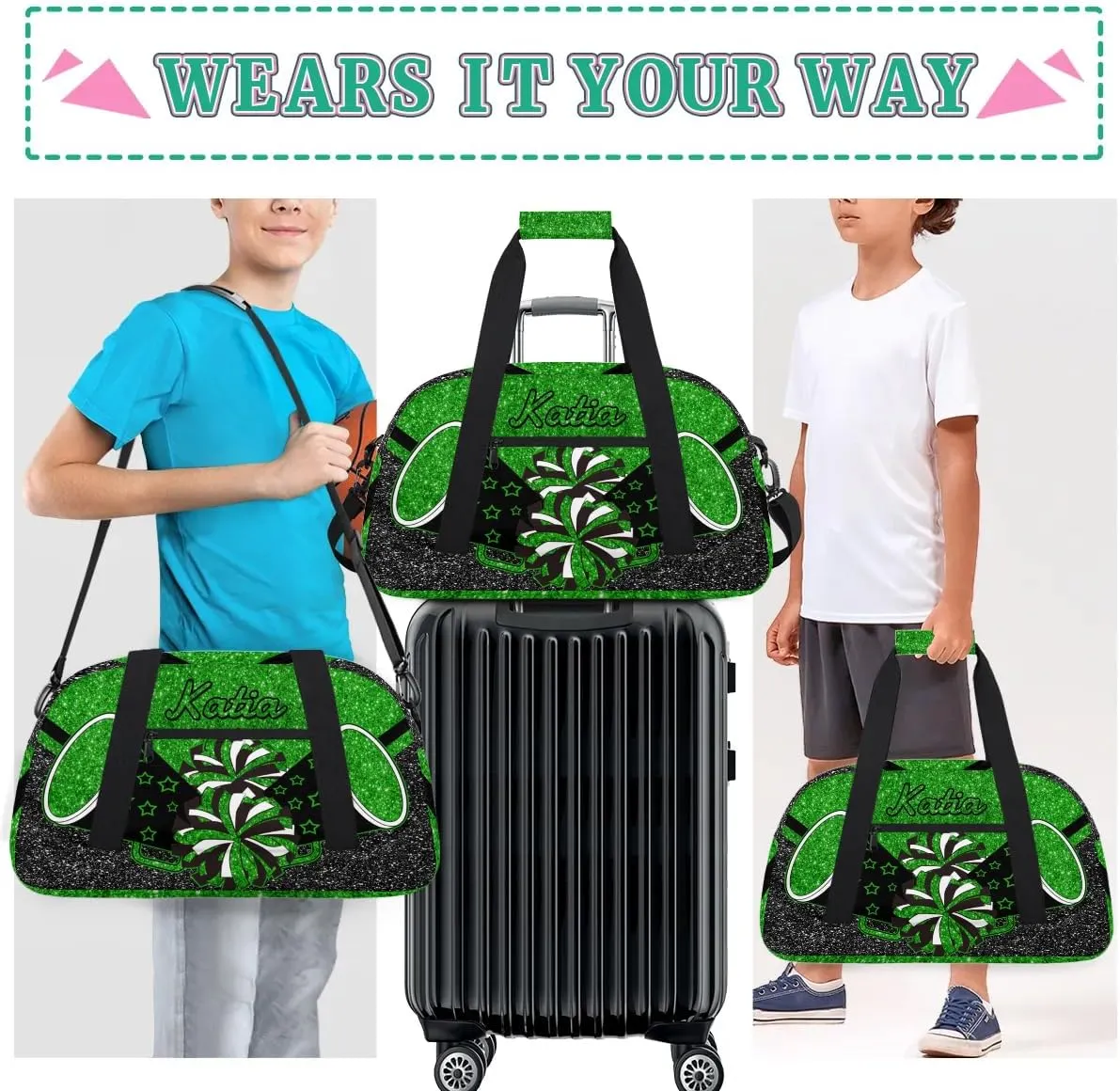 Custom Cheer Duffel Bag with Name Personalized Cheerleader Bag Sport Duffel Bag Customized Cheer Gifts Weekender Travel Bag, Green