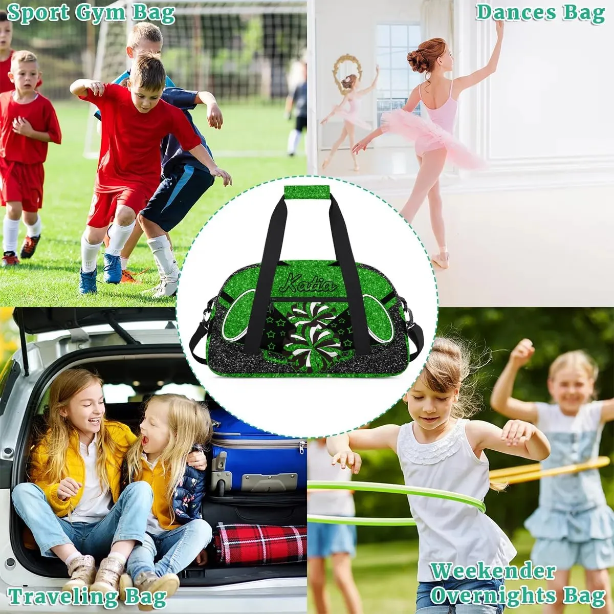 Custom Cheer Duffel Bag with Name Personalized Cheerleader Bag Sport Duffel Bag Customized Cheer Gifts Weekender Travel Bag, Green