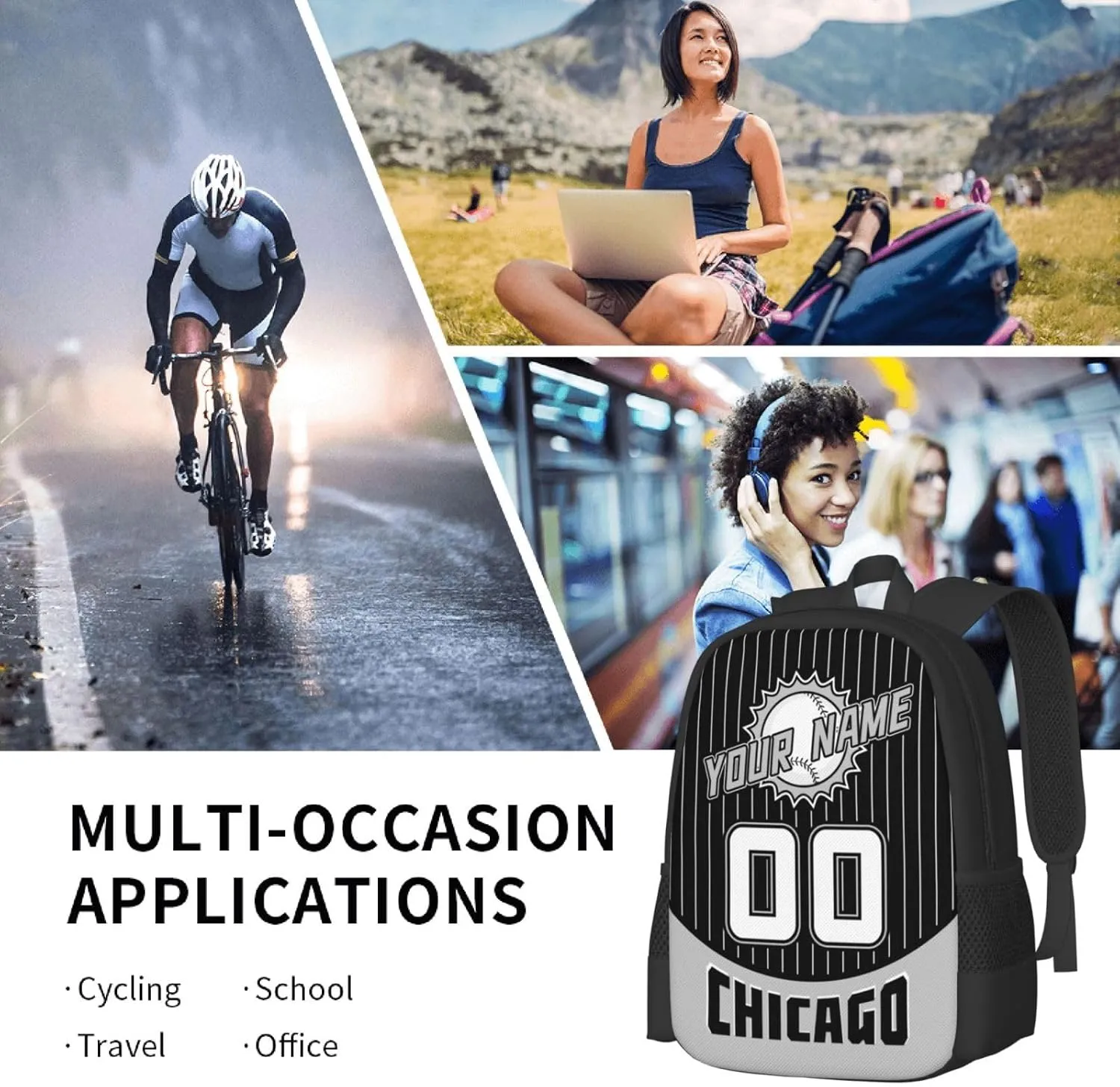Custom Chicago W Backpack for Boy Girl Personalized Name Number High Capacity School Backpacks Laptop Bag Casual Travel Backpack Men Women