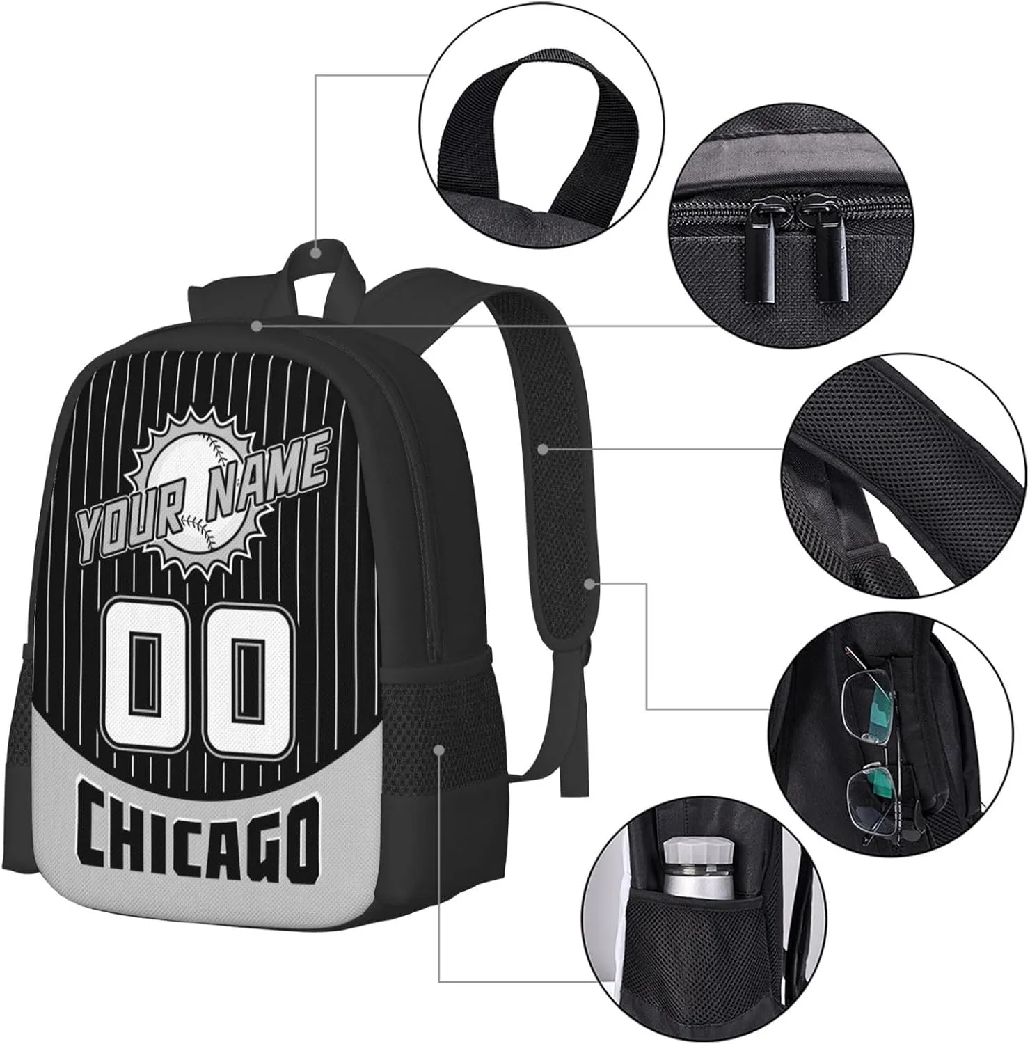 Custom Chicago W Backpack for Boy Girl Personalized Name Number High Capacity School Backpacks Laptop Bag Casual Travel Backpack Men Women