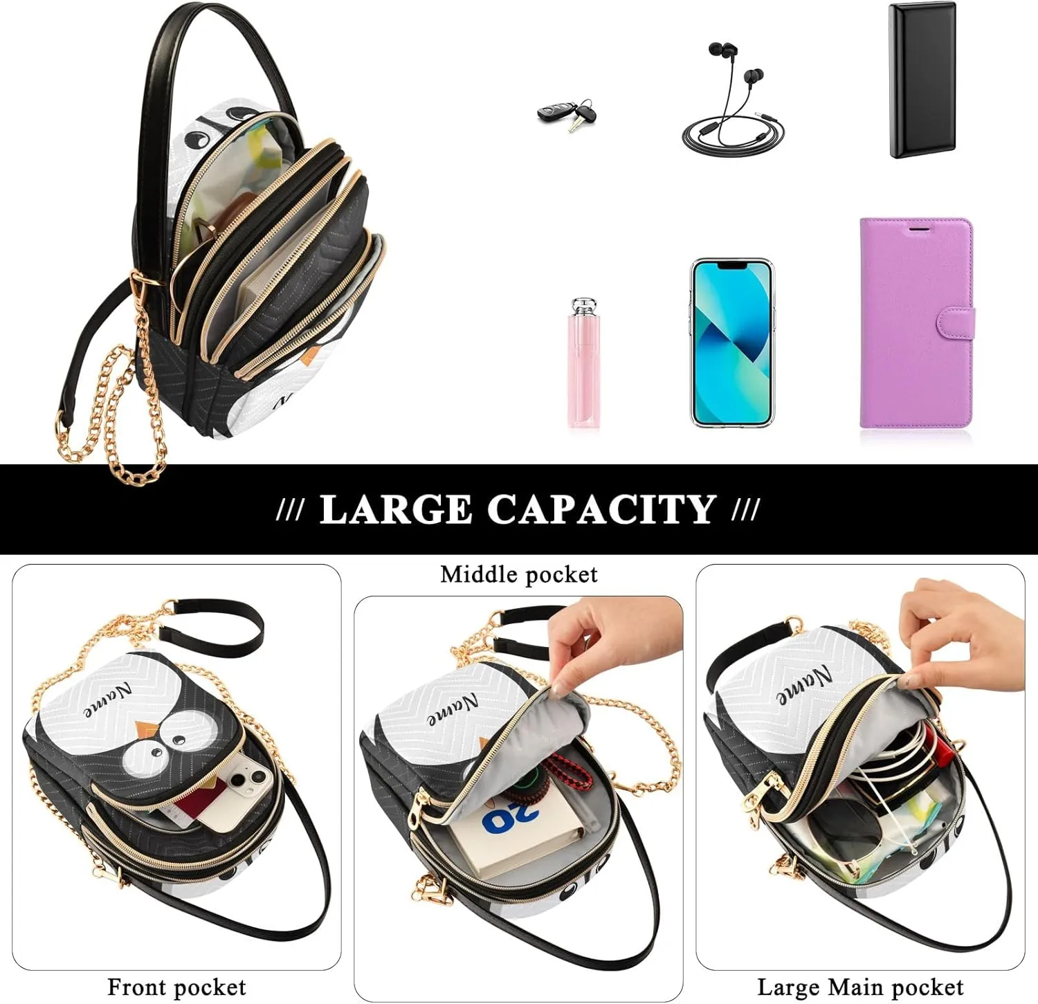 Custom Crossbody Bag for Women, Rainbow Unicorn Phone Purse Detachable Personalized Name Chain Bag Shoulder Handbag Wallet