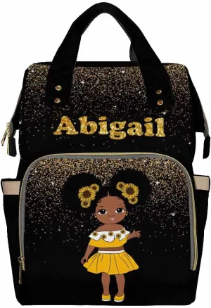 Custom Diaper Bag with Name Personalized Sunflower Princess Golden Dot Mommy Nappy Bag - Customized Nursing Shoulder Backpack Casual Daypack for Travel