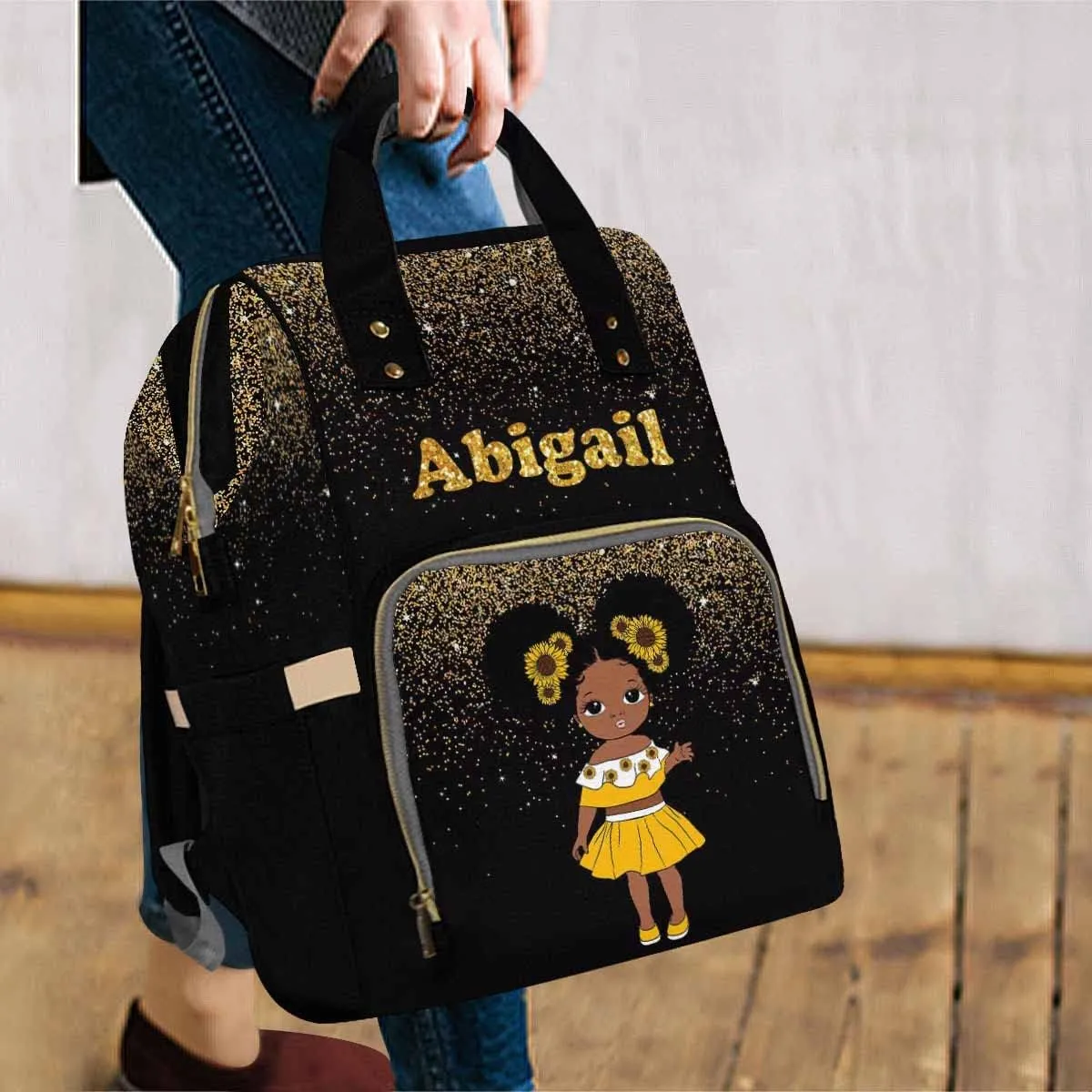 Custom Diaper Bag with Name Personalized Sunflower Princess Golden Dot Mommy Nappy Bag - Customized Nursing Shoulder Backpack Casual Daypack for Travel