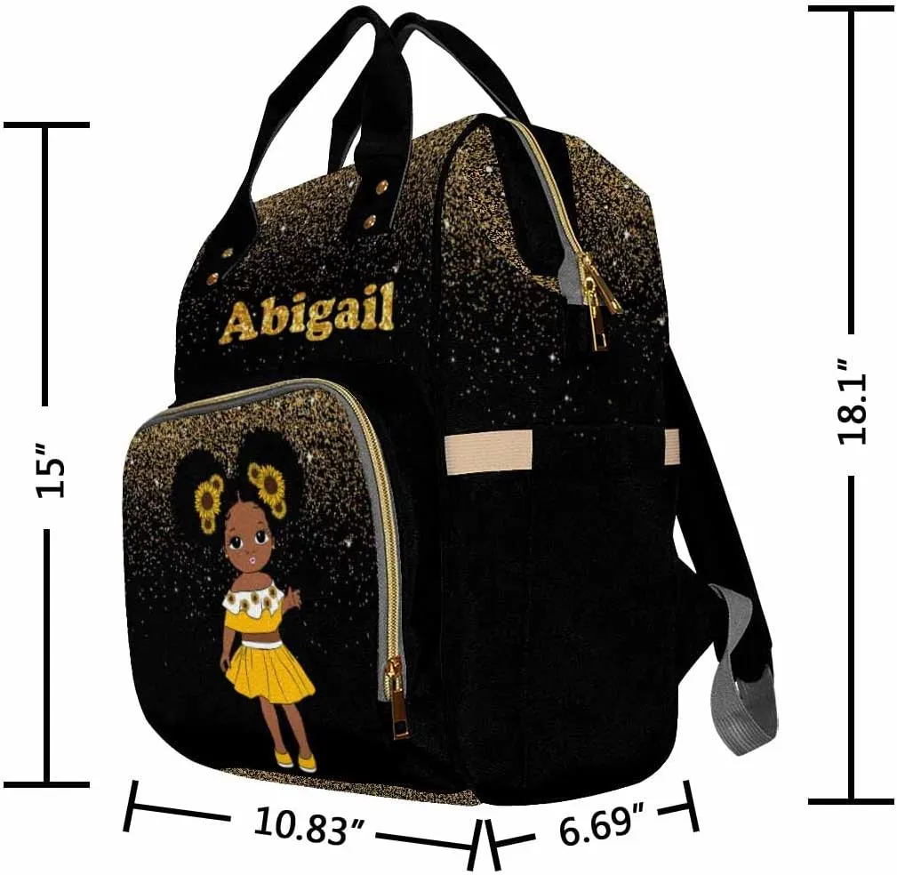 Custom Diaper Bag with Name Personalized Sunflower Princess Golden Dot Mommy Nappy Bag - Customized Nursing Shoulder Backpack Casual Daypack for Travel