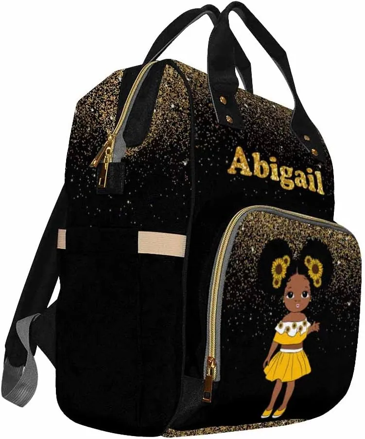 Custom Diaper Bag with Name Personalized Sunflower Princess Golden Dot Mommy Nappy Bag - Customized Nursing Shoulder Backpack Casual Daypack for Travel