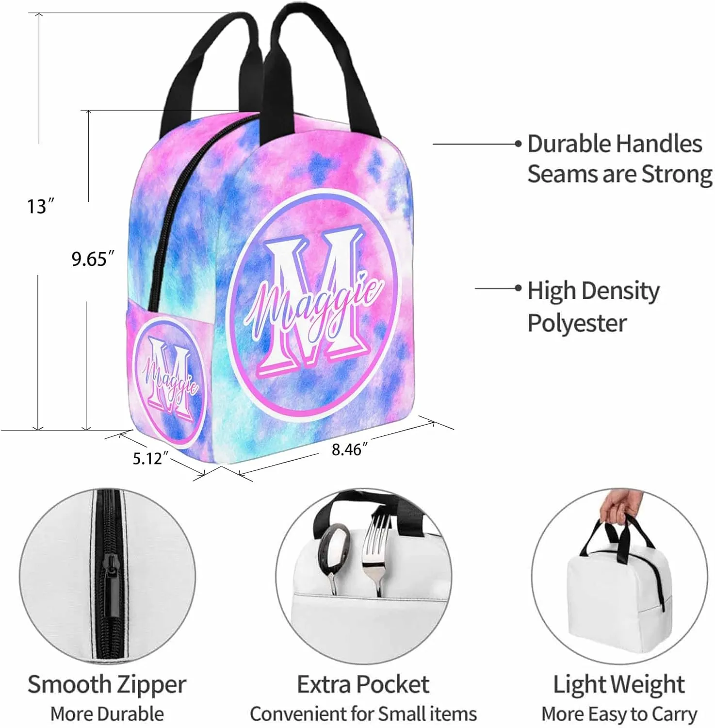Custom Girls Backpack Lunch Bag Set, Customized Tie Dye Bookbag Lunch Box for Kids Personalized Name Shoulder Bag Daypack for Niece Daughter Granddaughter