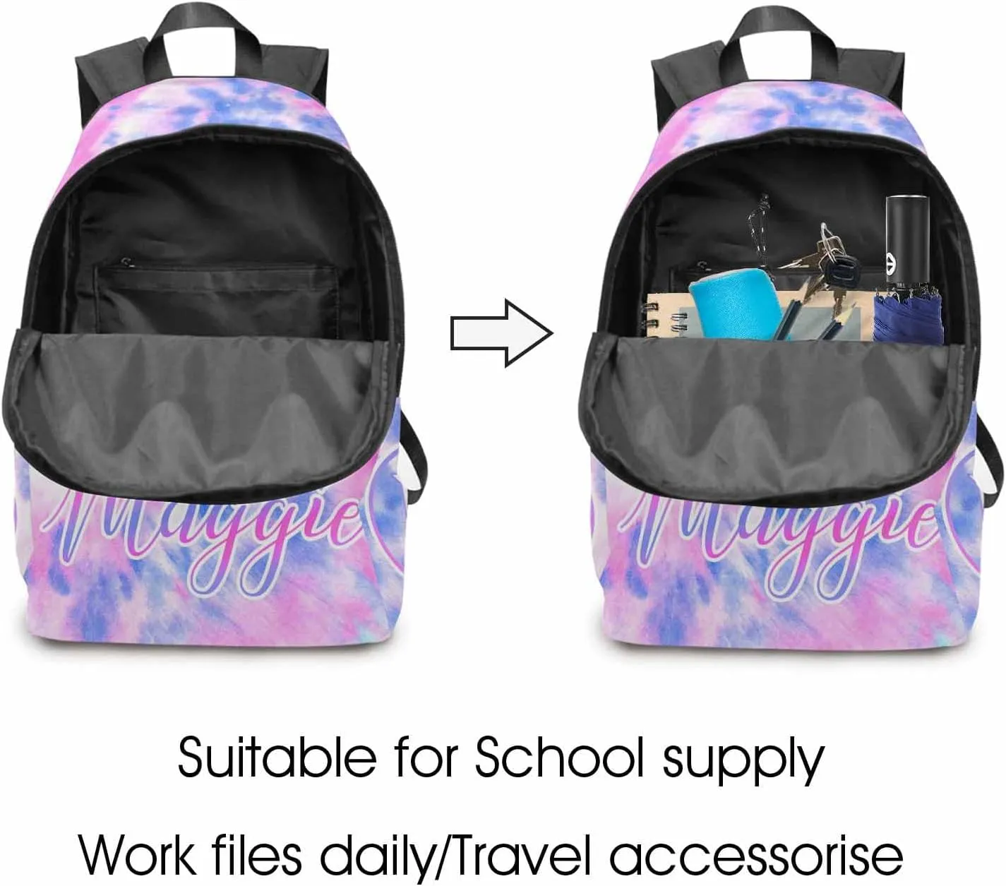 Custom Girls Backpack Lunch Bag Set, Customized Tie Dye Bookbag Lunch Box for Kids Personalized Name Shoulder Bag Daypack for Niece Daughter Granddaughter